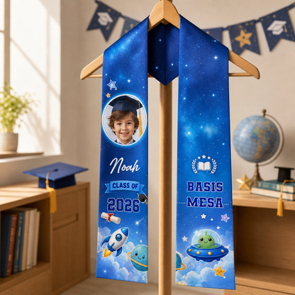 Personalized Blue Rocket Kid Graduation Stole – Custom Name
