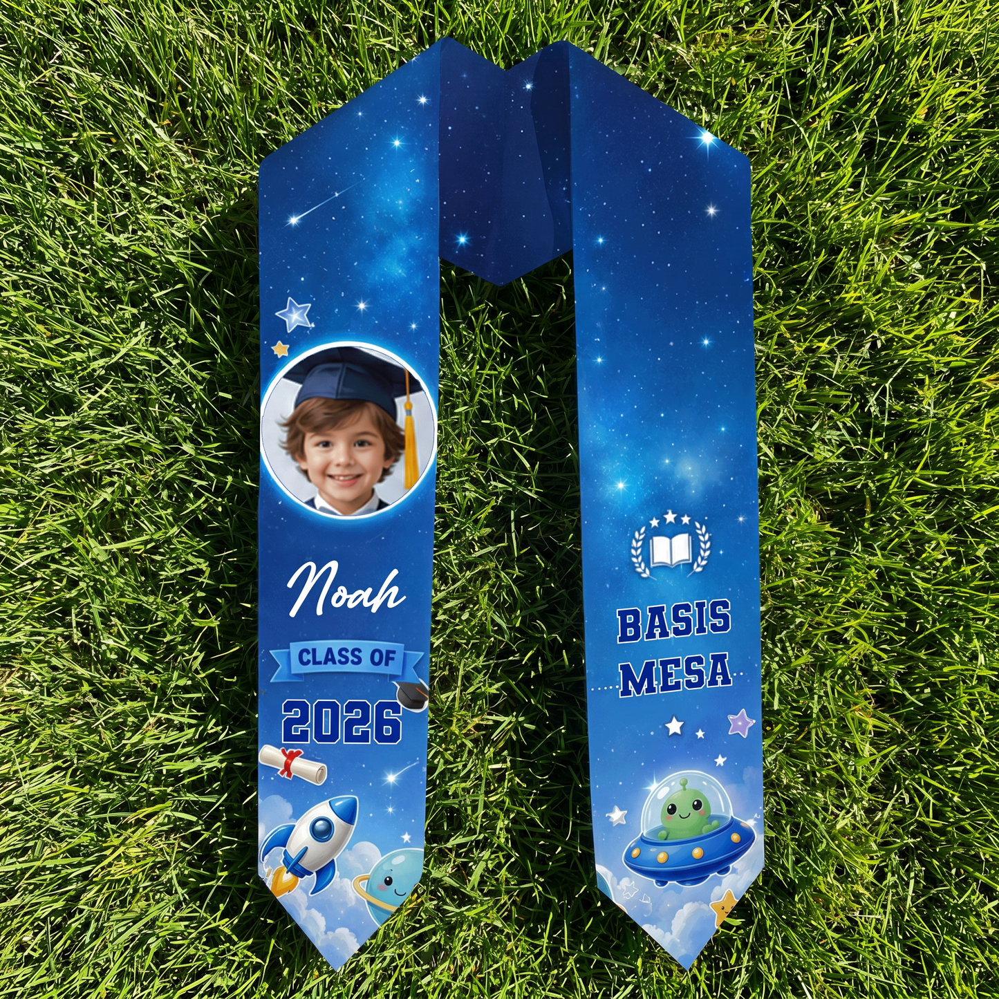 Personalized Blue Rocket Kid Graduation Stole – Custom Name