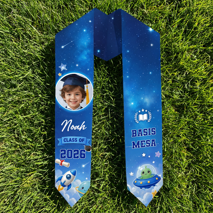 Personalized Blue Rocket Kid Graduation Stole – Custom Name