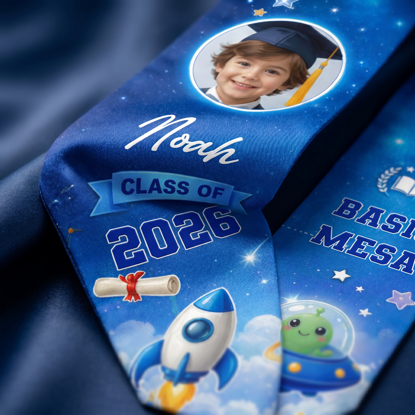Personalized Blue Rocket Kid Graduation Stole – Custom Name