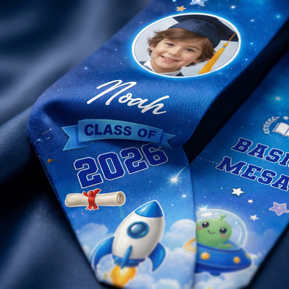Personalized Blue Rocket Kid Graduation Stole – Custom Name