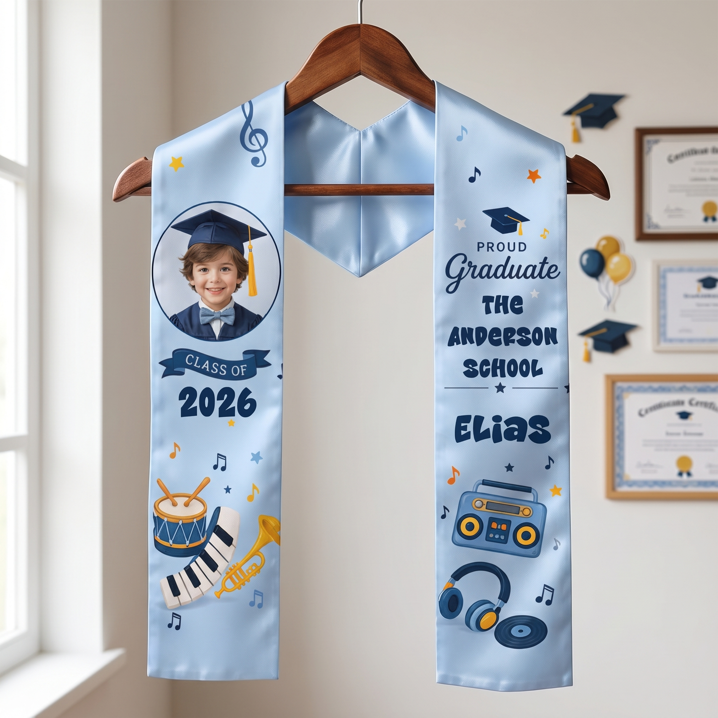Personalized Music Theme Kid Graduation Stole – Custom Name