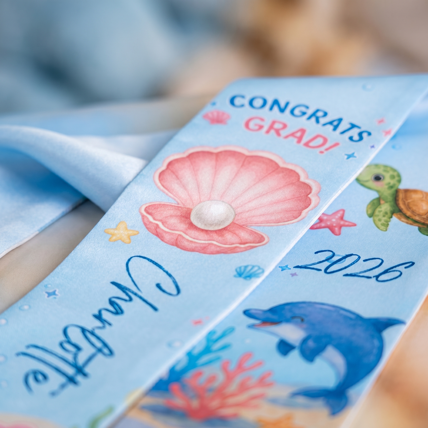 Personalized Ocean Turtle and Pearl Kid Graduation Stole – Custom Name