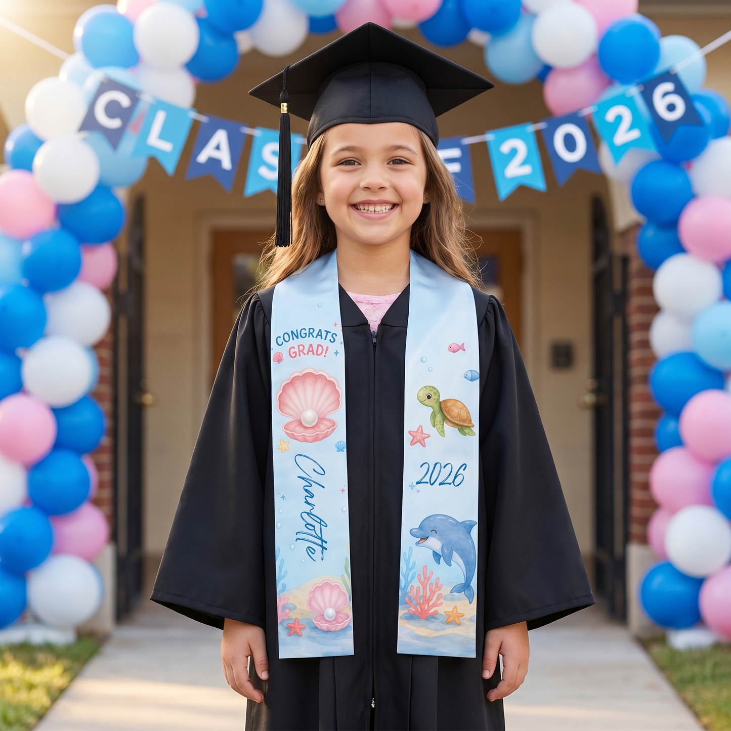 Personalized Ocean Turtle and Pearl Kid Graduation Stole – Custom Name