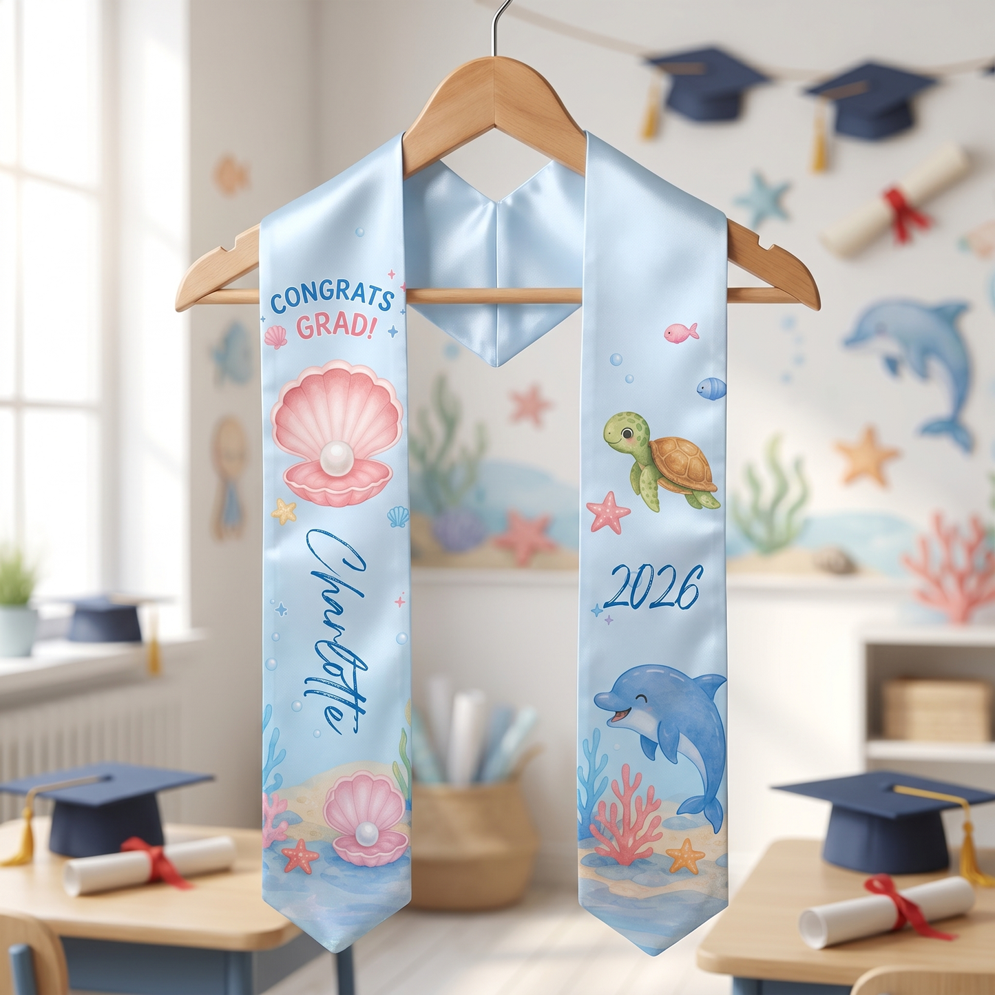 Personalized Ocean Turtle and Pearl Kid Graduation Stole – Custom Name