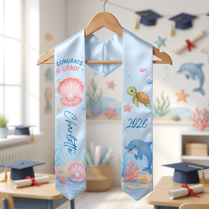 Personalized Ocean Turtle and Pearl Kid Graduation Stole – Custom Name
