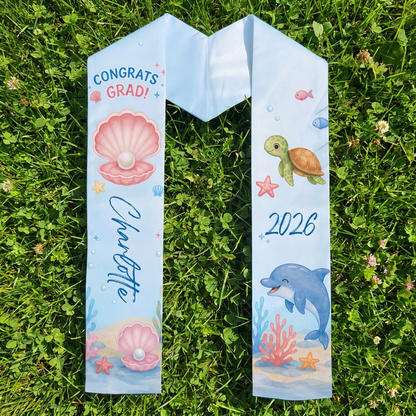 Personalized Ocean Turtle and Pearl Kid Graduation Stole – Custom Name