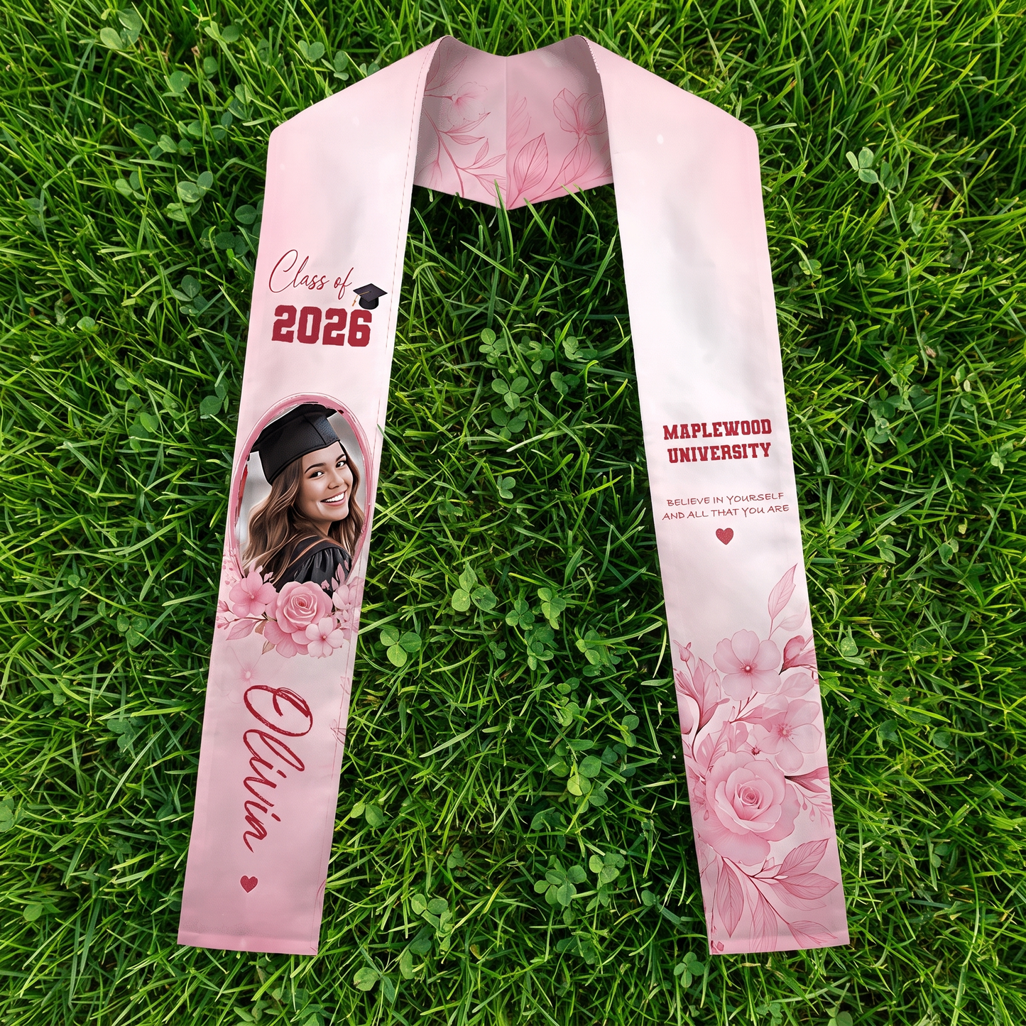 Personalized Pink Floral Graduation Stole – Custom Name