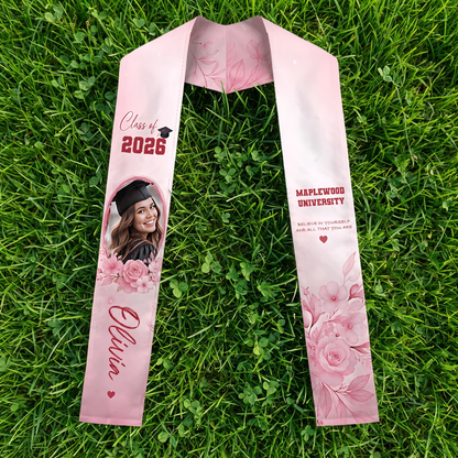 Personalized Pink Floral Graduation Stole – Custom Name