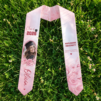 Personalized Pink Floral Graduation Stole – Custom Name