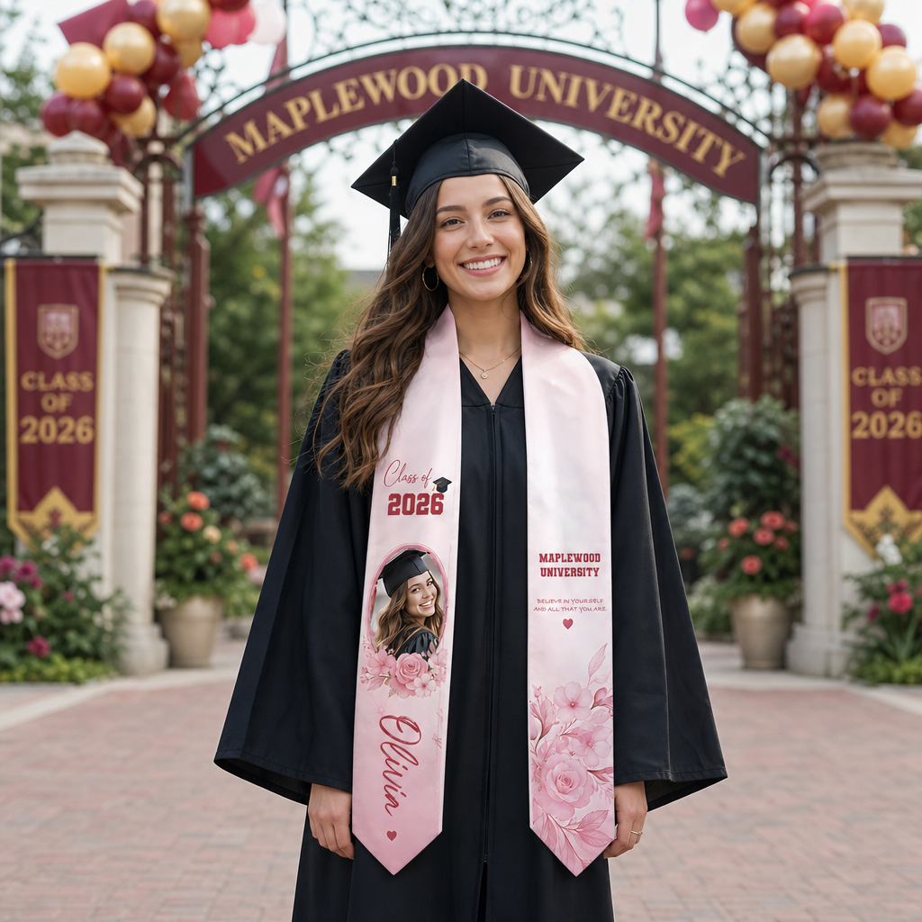 Personalized Pink Floral Graduation Stole – Custom Name