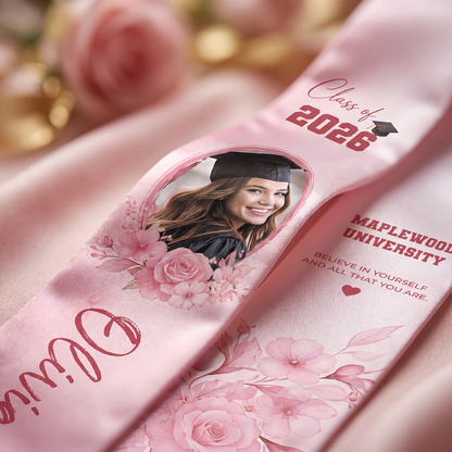 Personalized Pink Floral Graduation Stole – Custom Name