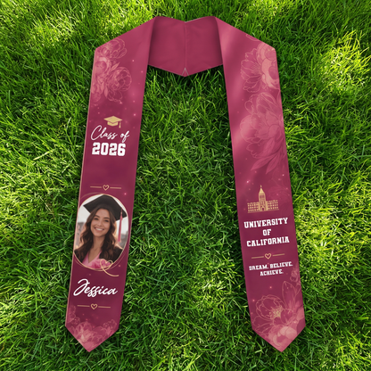 Personalized Floral Graduation Stole – Custom Photo, Name and Year