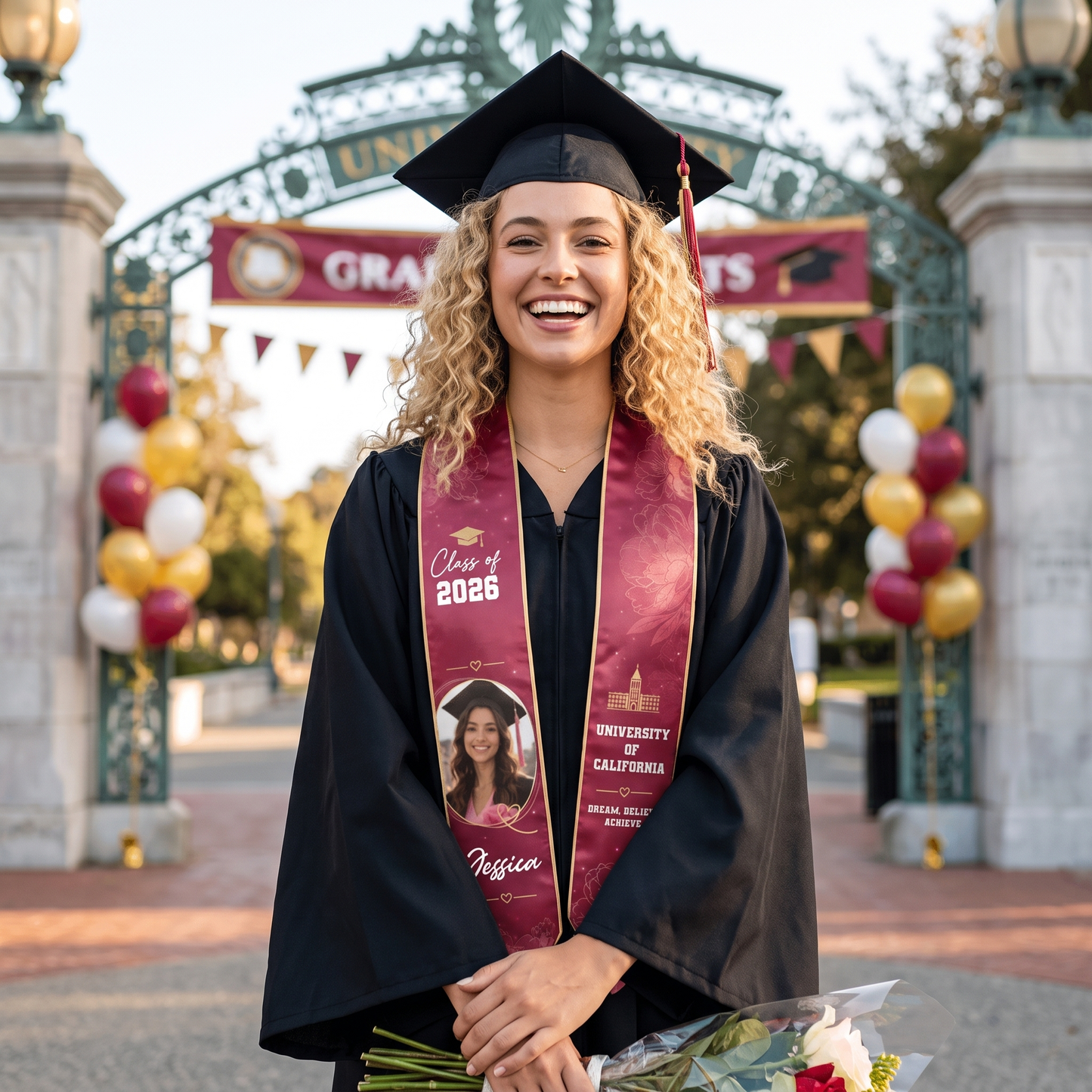 Personalized Floral Graduation Stole – Custom Photo, Name and Year