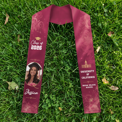 Personalized Floral Graduation Stole – Custom Photo, Name and Year