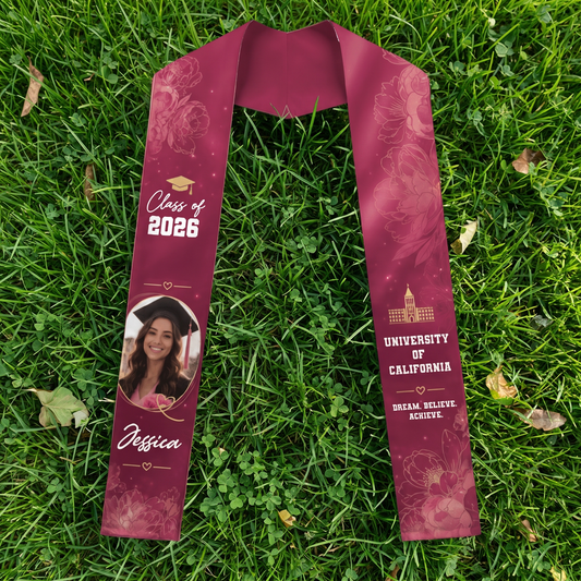 Personalized Floral Graduation Stole - Custom Photo, Name and Year