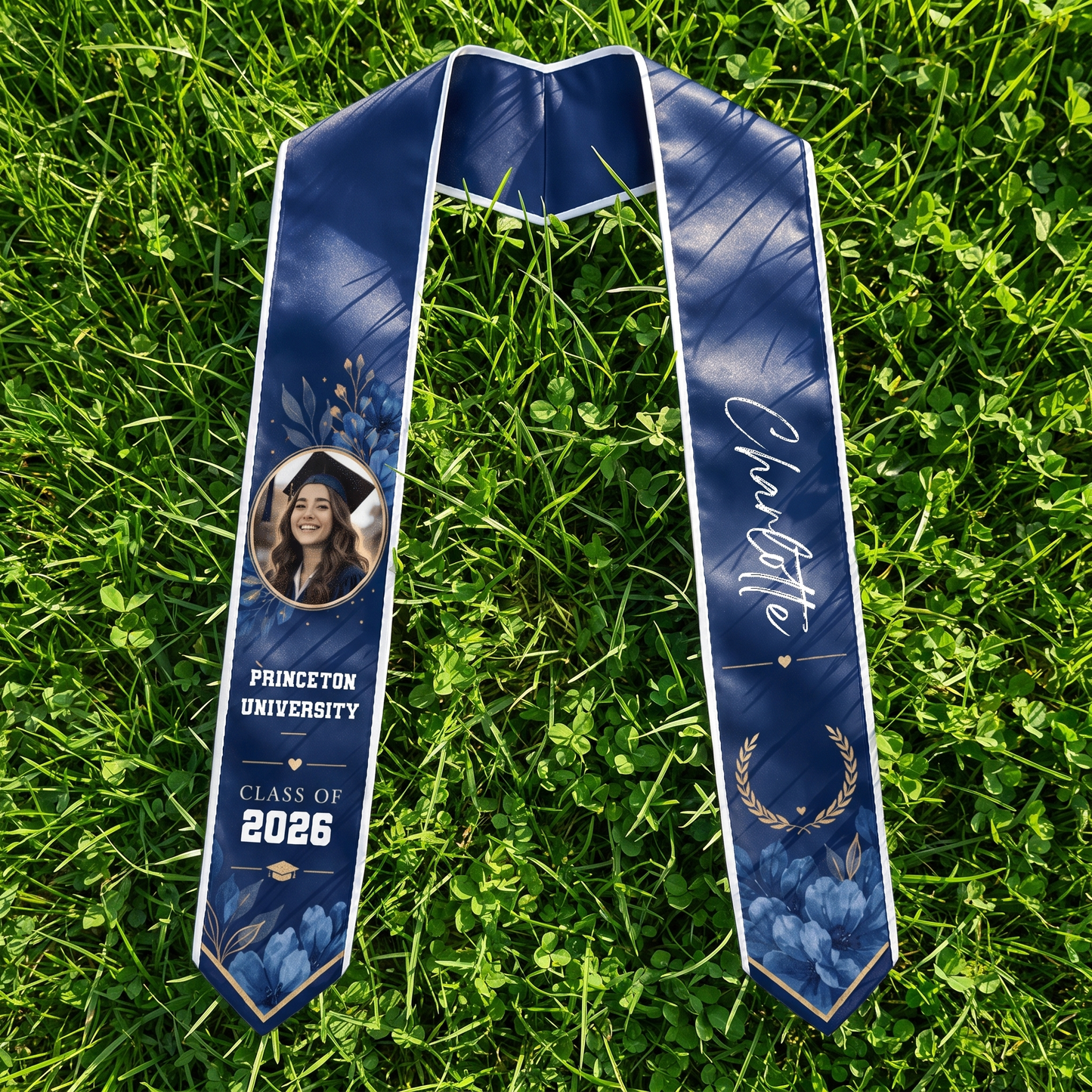 Personalized Blue Floral Graduation Stole – Custom Name
