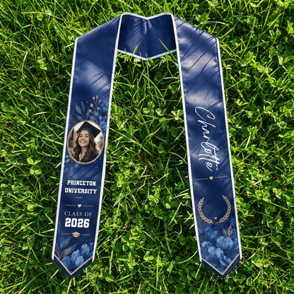 Personalized Blue Floral Graduation Stole – Custom Name
