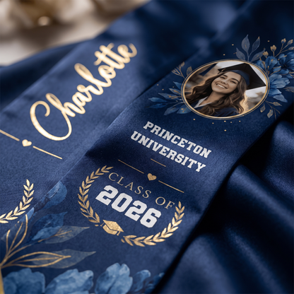 Personalized Blue Floral Graduation Stole – Custom Name