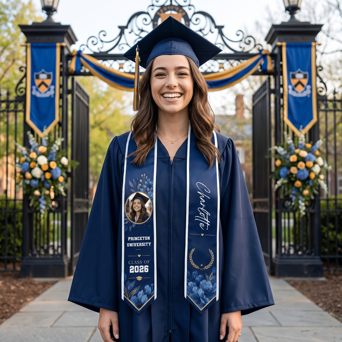 Personalized Blue Floral Graduation Stole – Custom Name