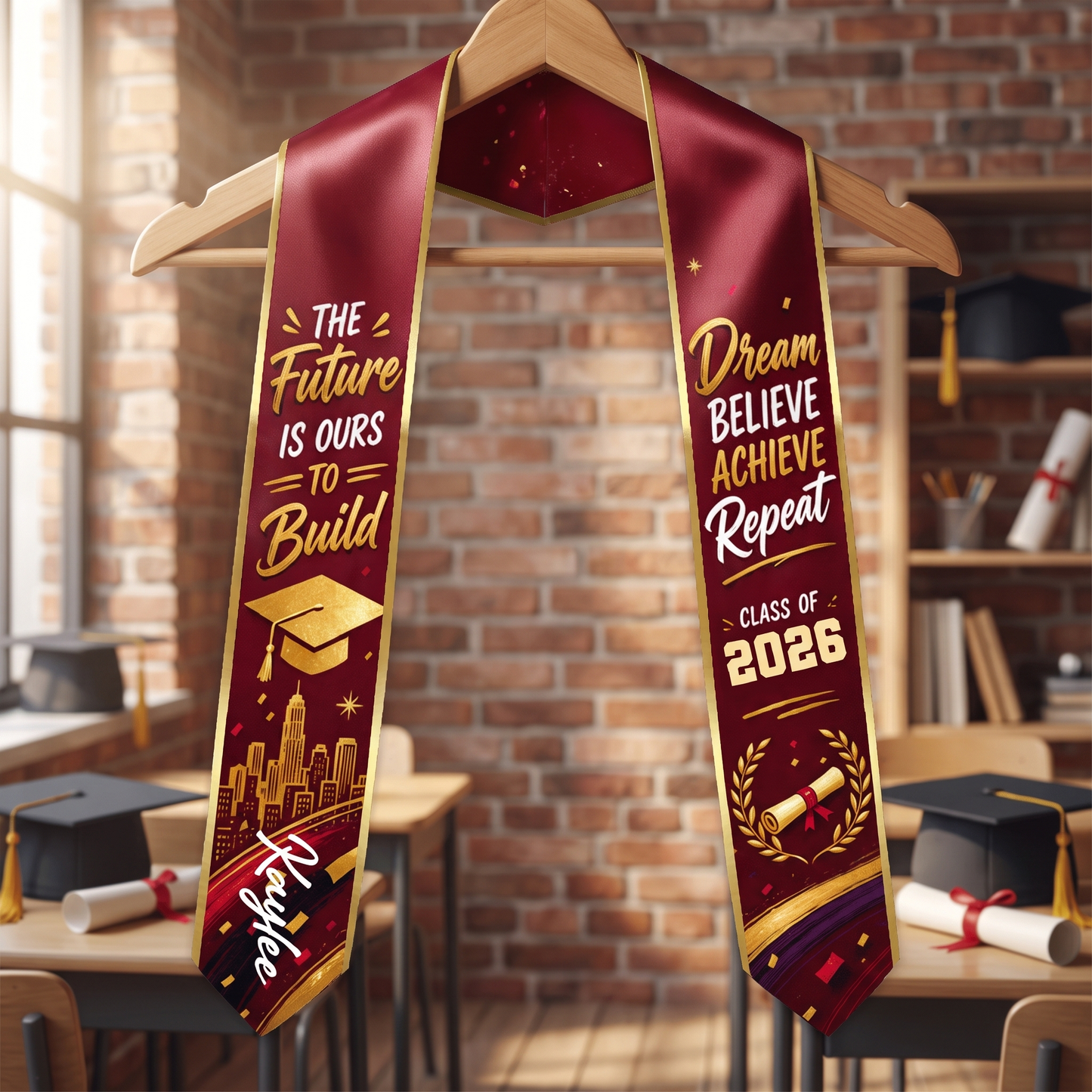 Personalized The Future Is Ours to Build Dream Believe Achieve Repeat Graduation Stole – Custom Photo and Name