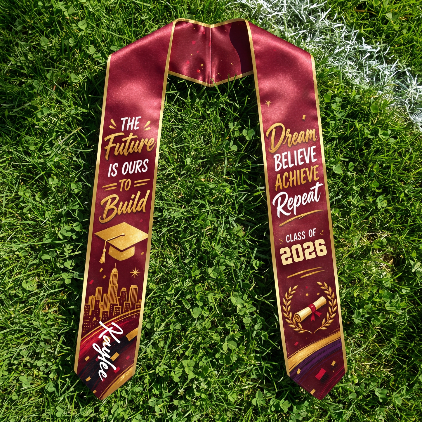 Personalized The Future Is Ours to Build Dream Believe Achieve Repeat Graduation Stole – Custom Photo and Name