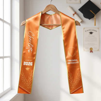 Personalized Orange Graduation Stole with Graduation Cap – Custom Name