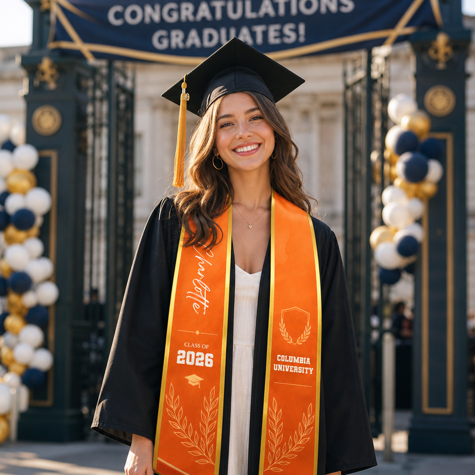 Personalized Orange Graduation Stole with Graduation Cap – Custom Name