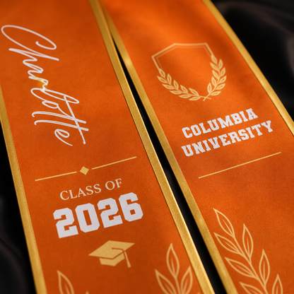 Personalized Orange Graduation Stole with Graduation Cap – Custom Name