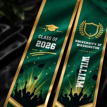 Personalized Green Graduation Stole with Graduation Cap – Custom Name