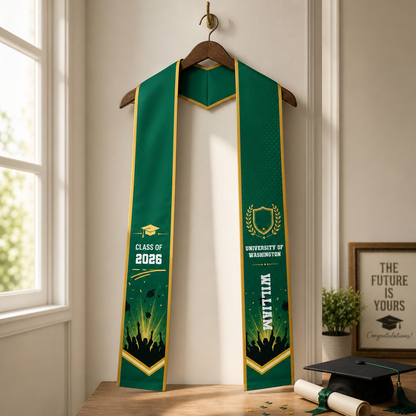 Personalized Green Graduation Stole with Graduation Cap – Custom Name