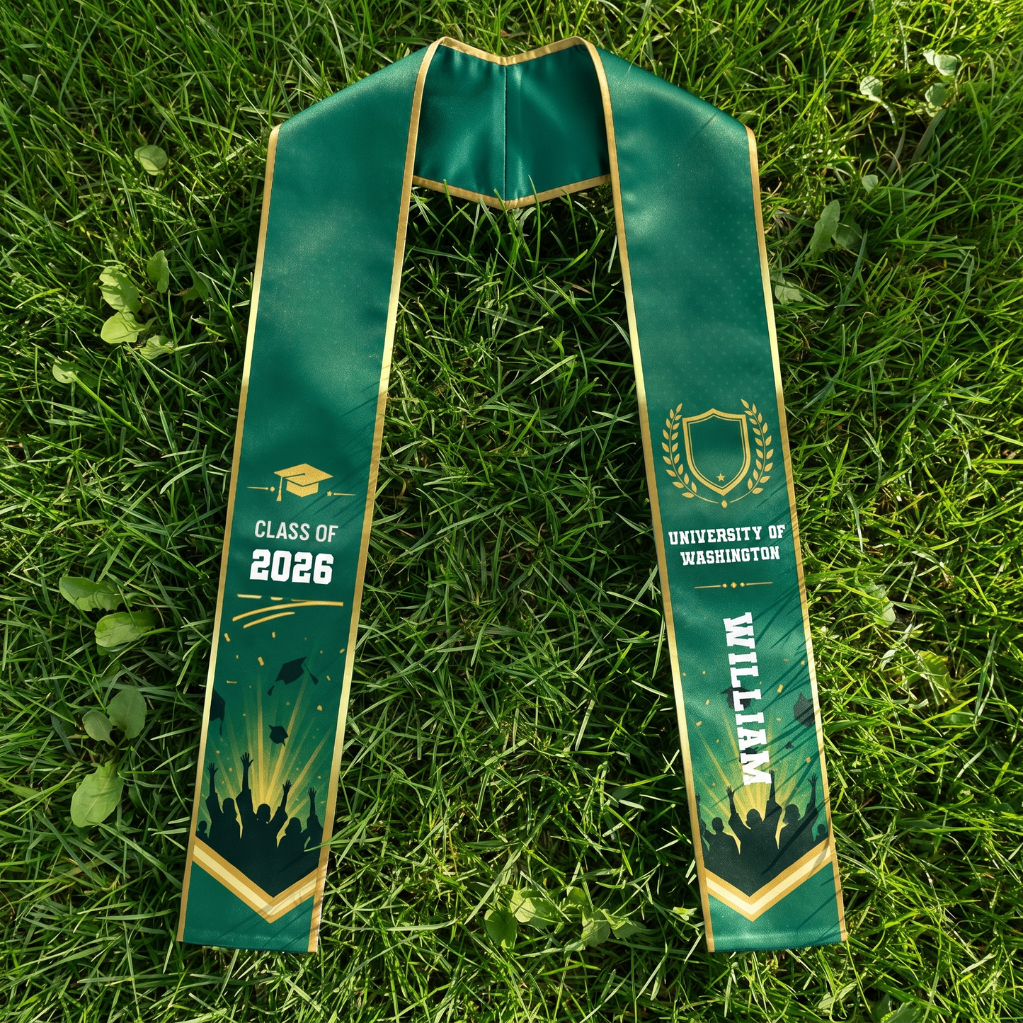 Personalized Green Graduation Stole with Graduation Cap – Custom Name