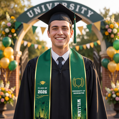Personalized Green Graduation Stole with Graduation Cap – Custom Name