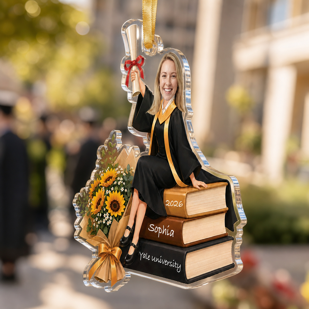Personalized Sunflower and Books Graduation Photo Acrylic Ornament – Custom Photo for Girls