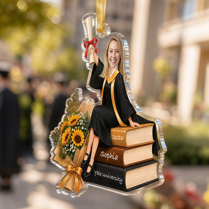 Personalized Sunflower and Books Graduation Photo Acrylic Ornament – Custom Photo for Girls