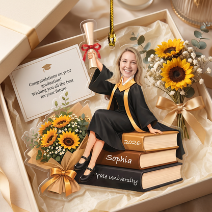 Personalized Sunflower and Books Graduation Photo Acrylic Ornament – Custom Photo for Girls