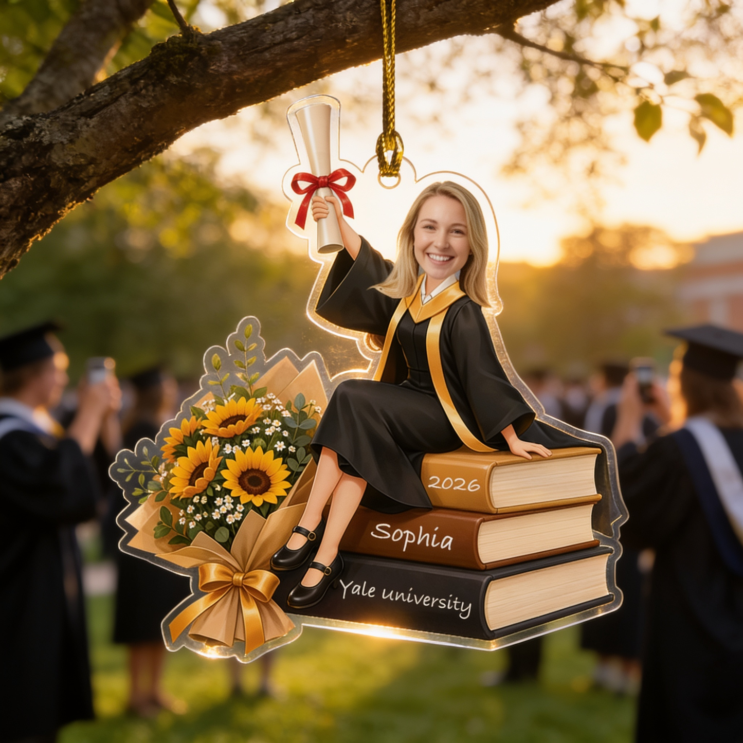 Personalized Sunflower and Books Graduation Photo Acrylic Ornament – Custom Photo for Girls