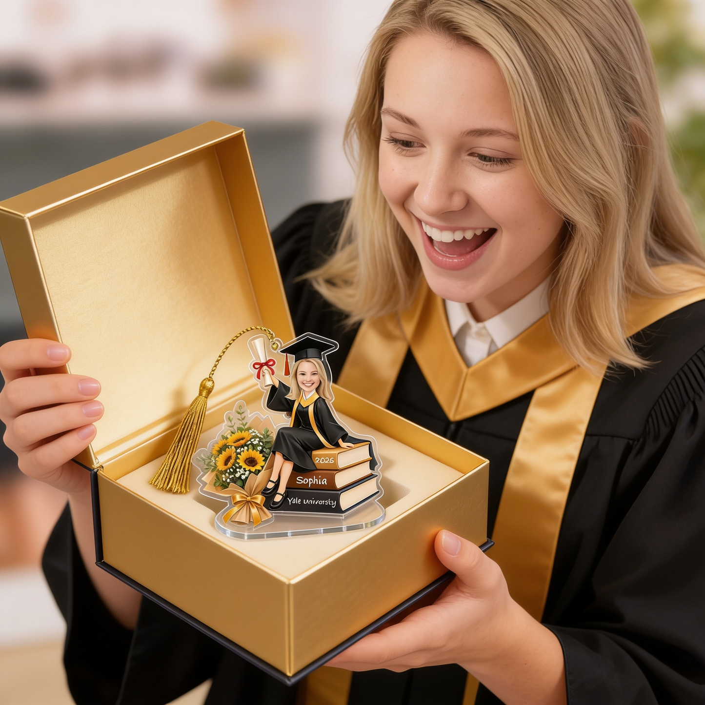 Personalized Sunflower and Books Graduation Photo Acrylic Ornament – Custom Photo for Girls