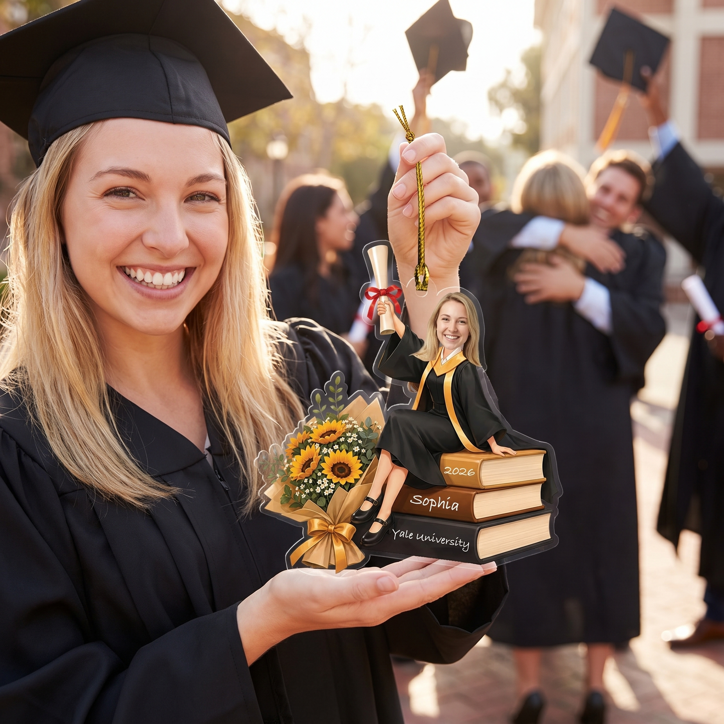 Personalized Sunflower and Books Graduation Photo Acrylic Ornament – Custom Photo for Girls