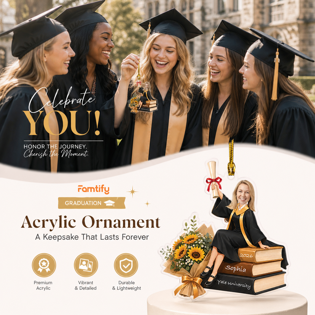 Personalized Sunflower and Books Graduation Photo Acrylic Ornament – Custom Photo for Girls