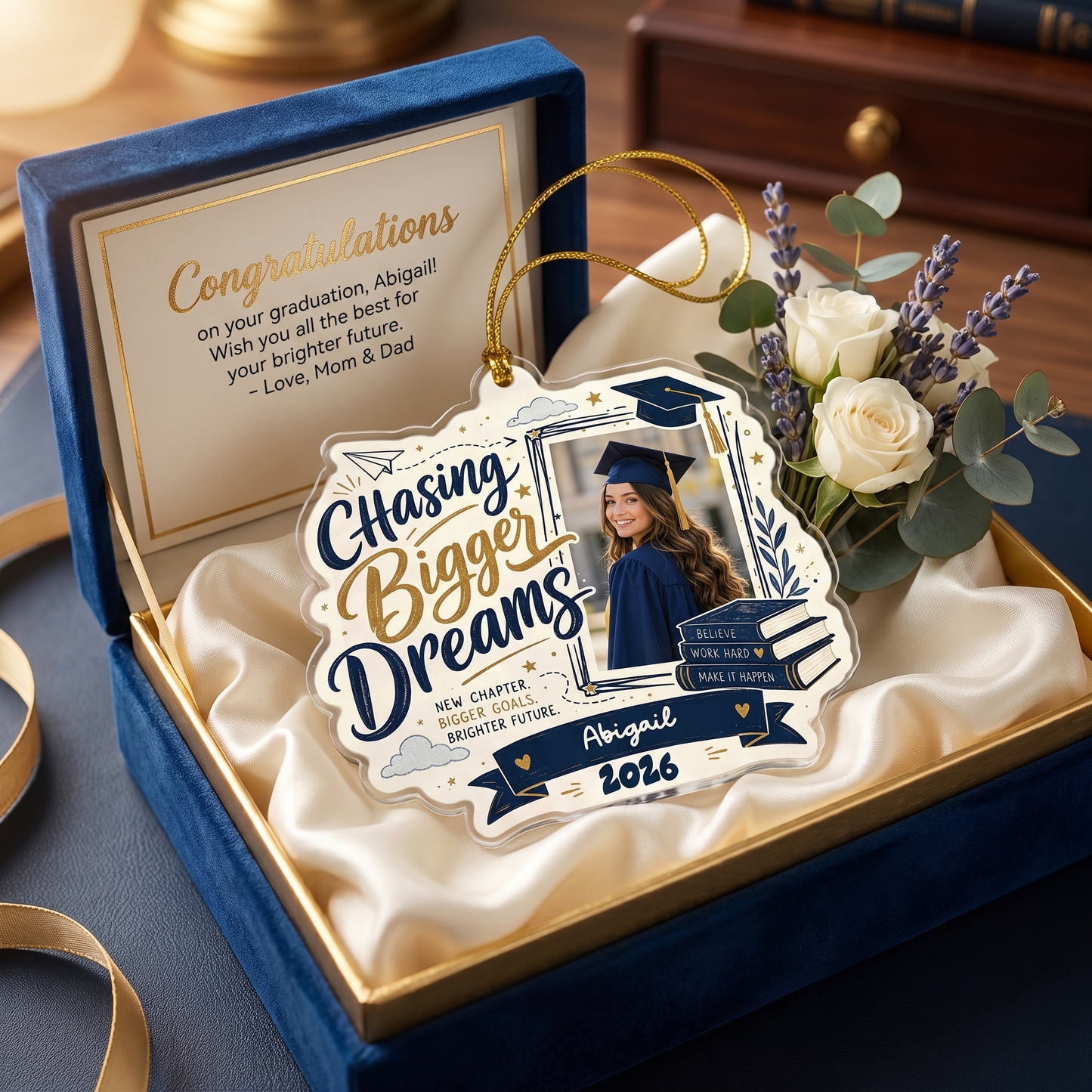 Chasing Bigger Dreams Personalized Acrylic Ornament with Photo, Custom Name Graduation Gift