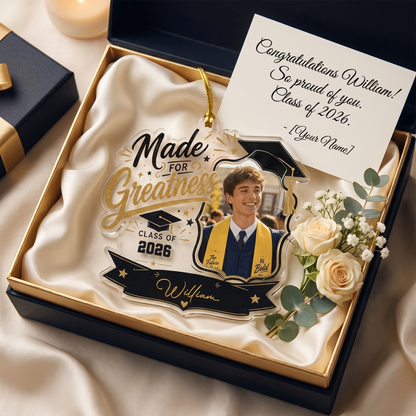 Made for Greatness Personalized Acrylic Ornament with Photo, Custom Name Graduation Gift