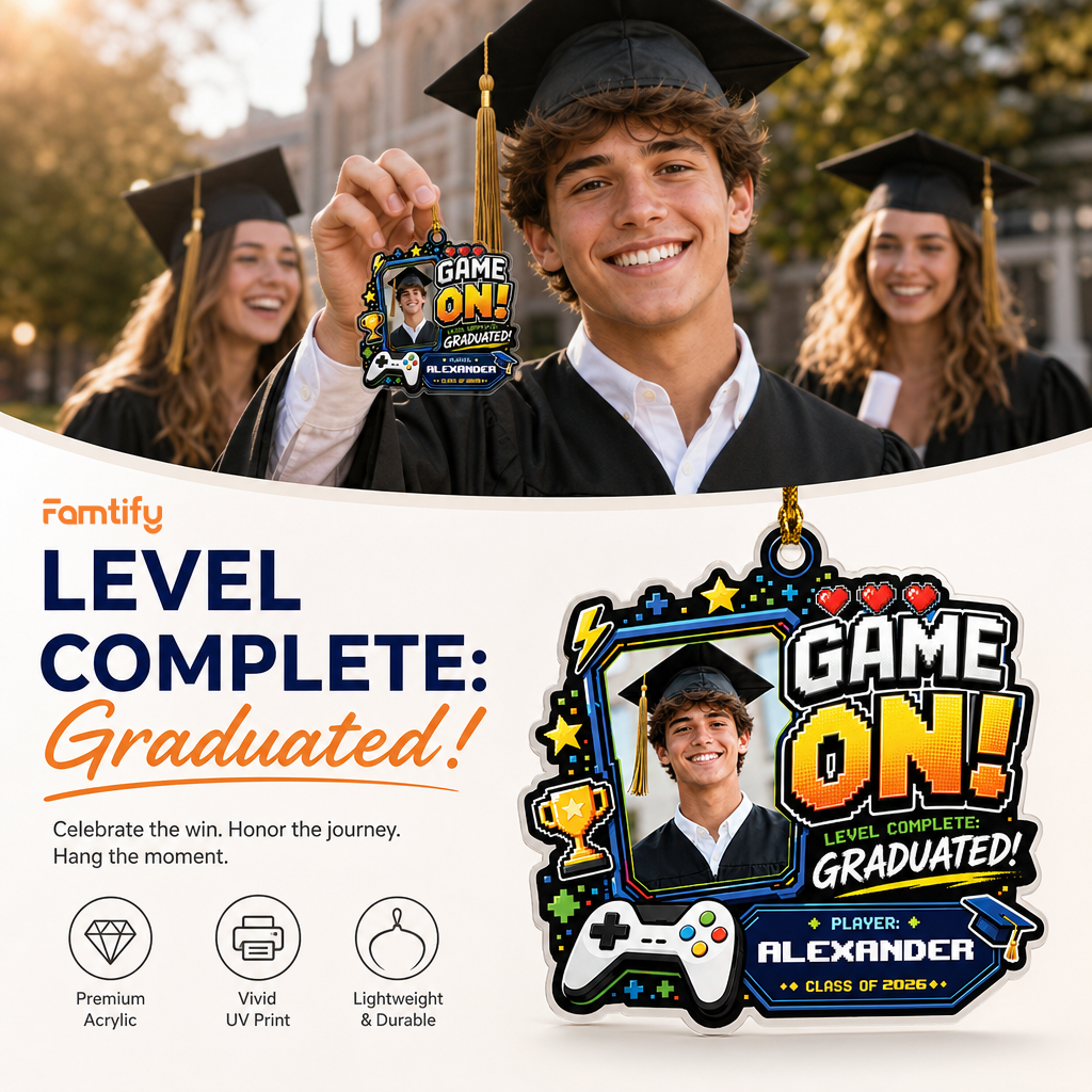 Game On Level Complete Graduated Personalized Acrylic Ornament with Photo, Custom Name Graduation Gift
