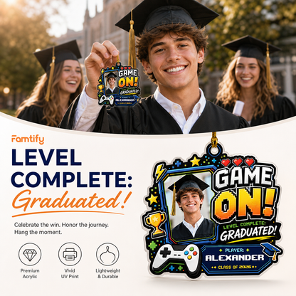 Game On Level Complete Graduated Personalized Acrylic Ornament with Photo, Custom Name Graduation Gift