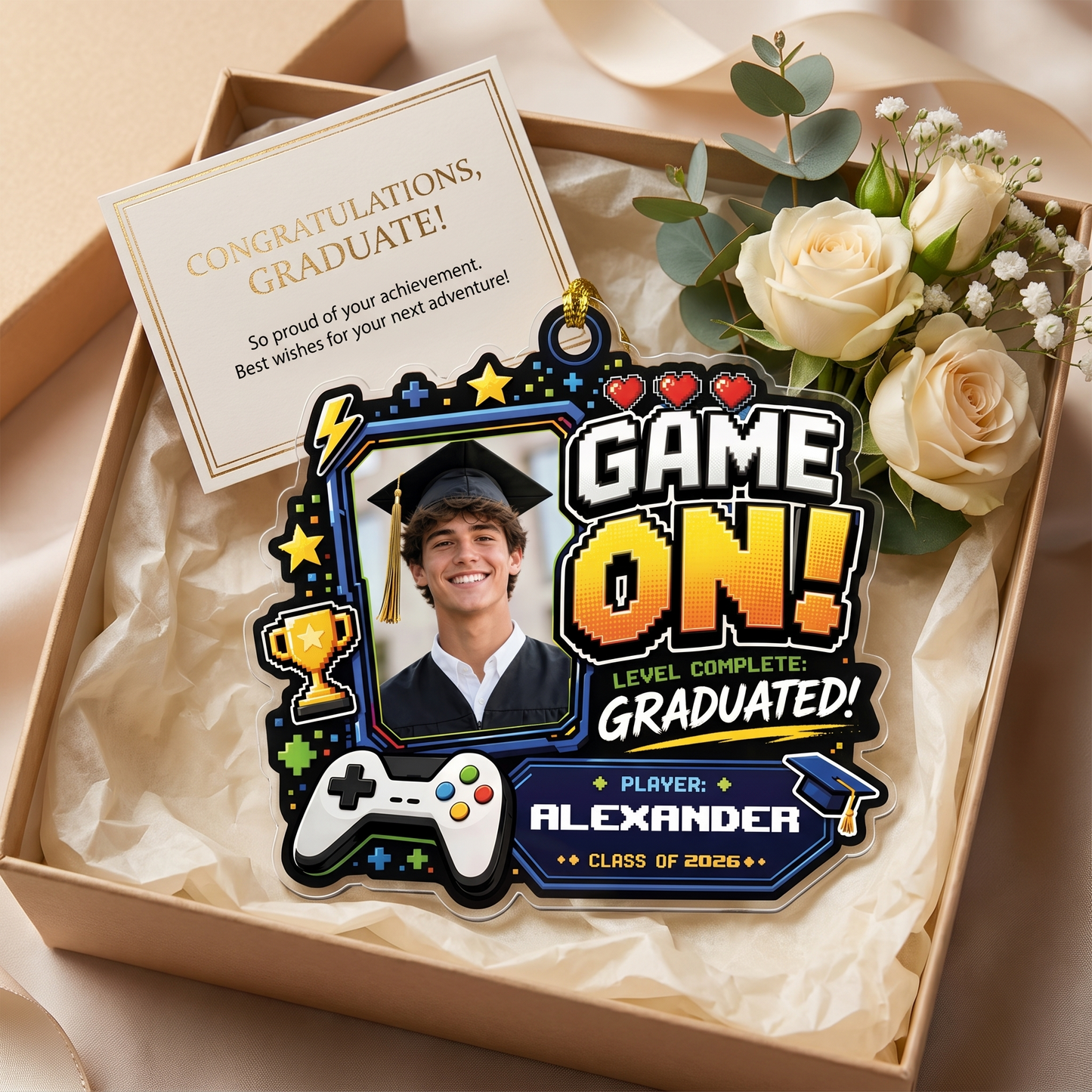 Game On Level Complete Graduated Personalized Acrylic Ornament with Photo, Custom Name Graduation Gift