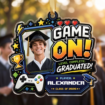 Game On Level Complete Graduated Personalized Acrylic Ornament with Photo, Custom Name Graduation Gift