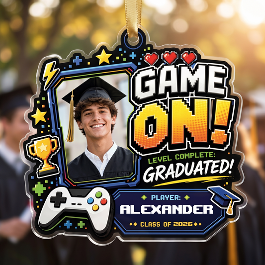 Game On Level Complete Graduated Personalized Acrylic Ornament with Photo, Custom Name Graduation Gift