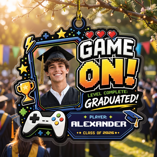 Game On Level Complete Graduated Personalized Acrylic Ornament with Photo, Custom Name Graduation Gift