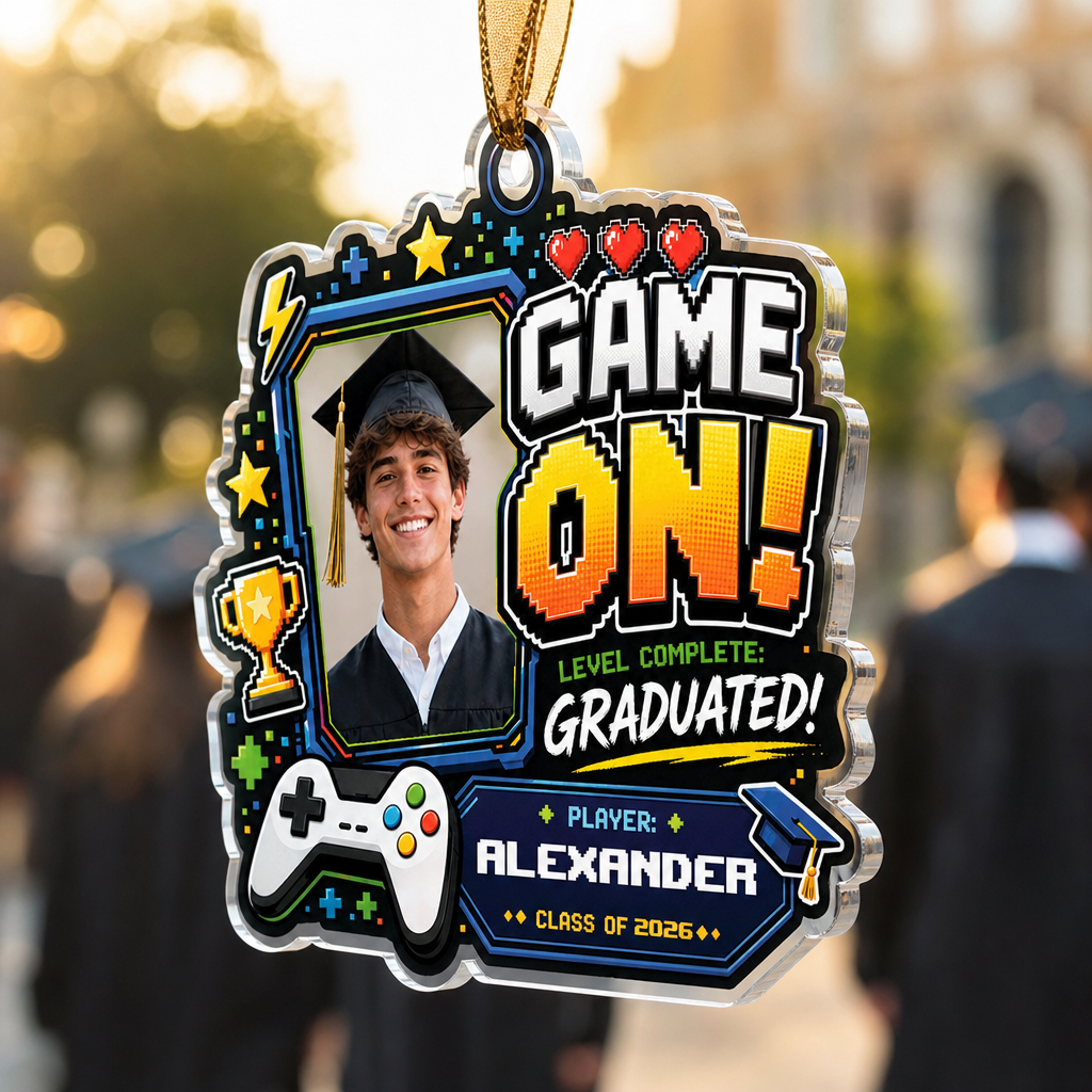 Game On Level Complete Graduated Personalized Acrylic Ornament with Photo, Custom Name Graduation Gift