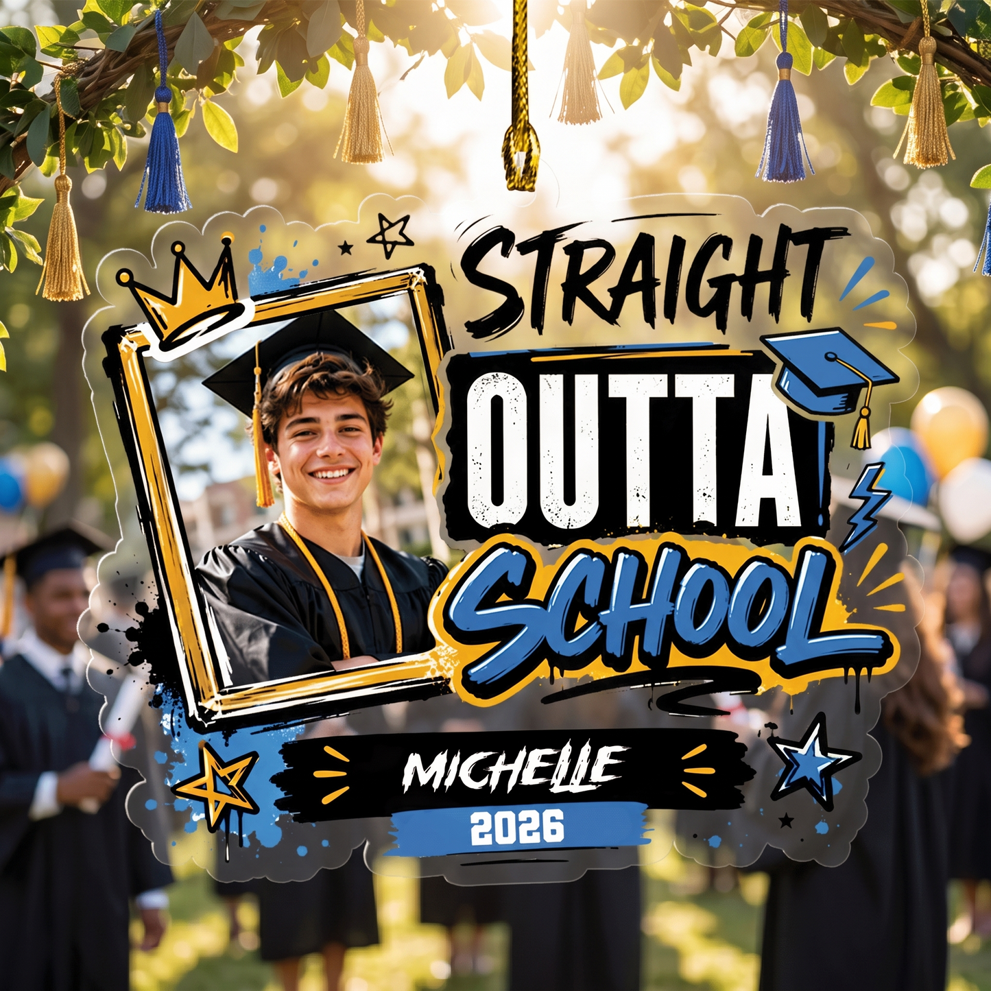 Straight Outta School Personalized Acrylic Ornament with Photo, Custom Name Graduation Gift